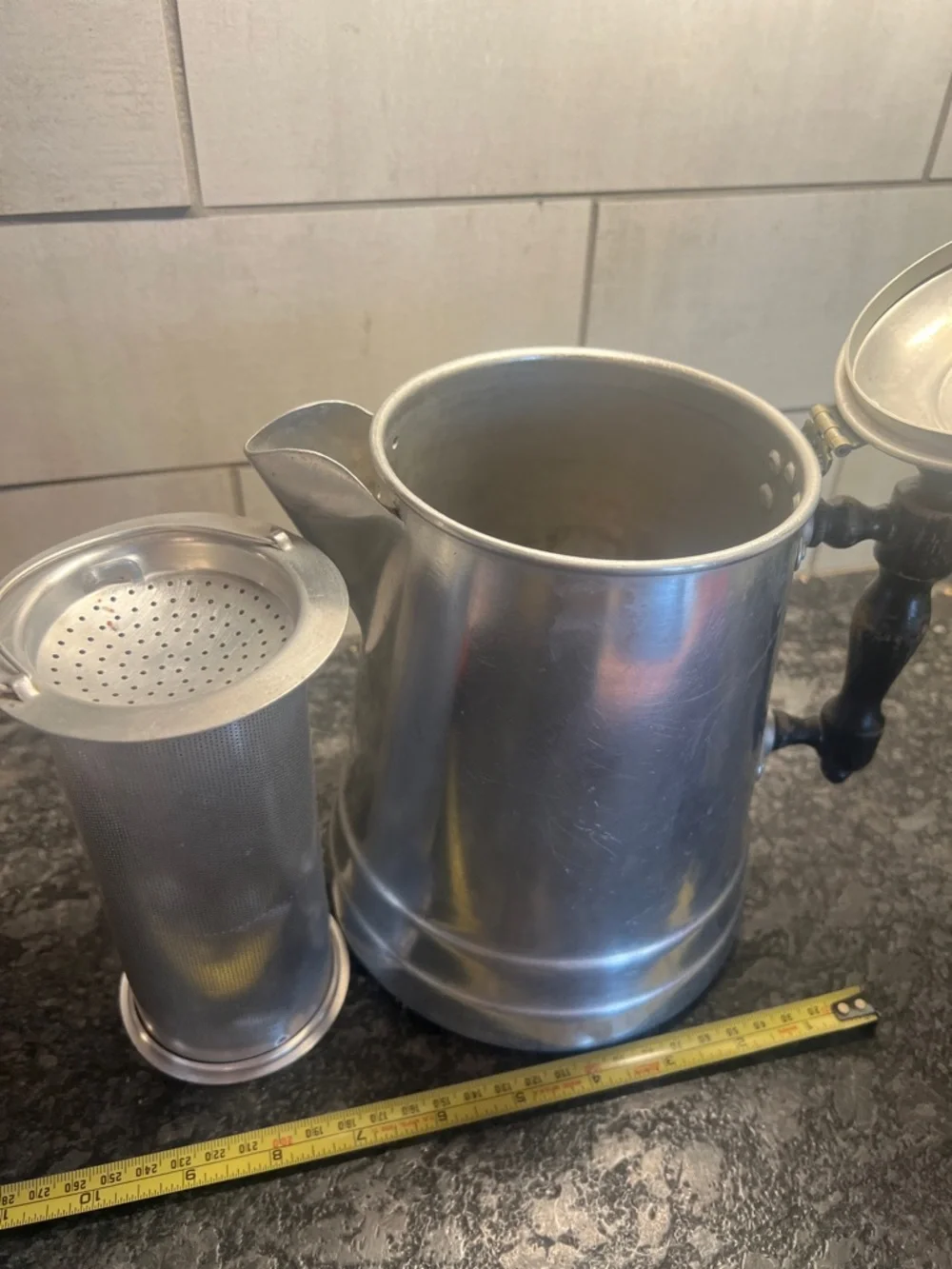 Vintage Wear Ever Aluminum Coffee Pot with Black Wooden Handle - Silver Finish.